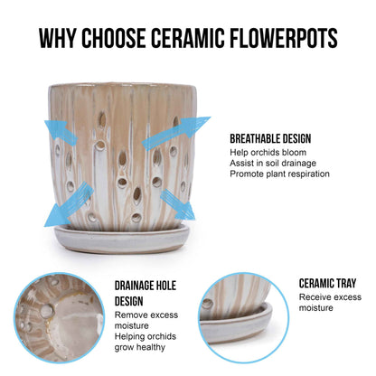 Mudanjie Set of 2 Ceramic Orchid Pots with Drainage Holes & Saucers