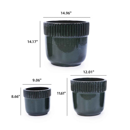 Mudanjie 3pcs 9/12/15'' Ribbed Glazed Ceramic Planter with Drainage