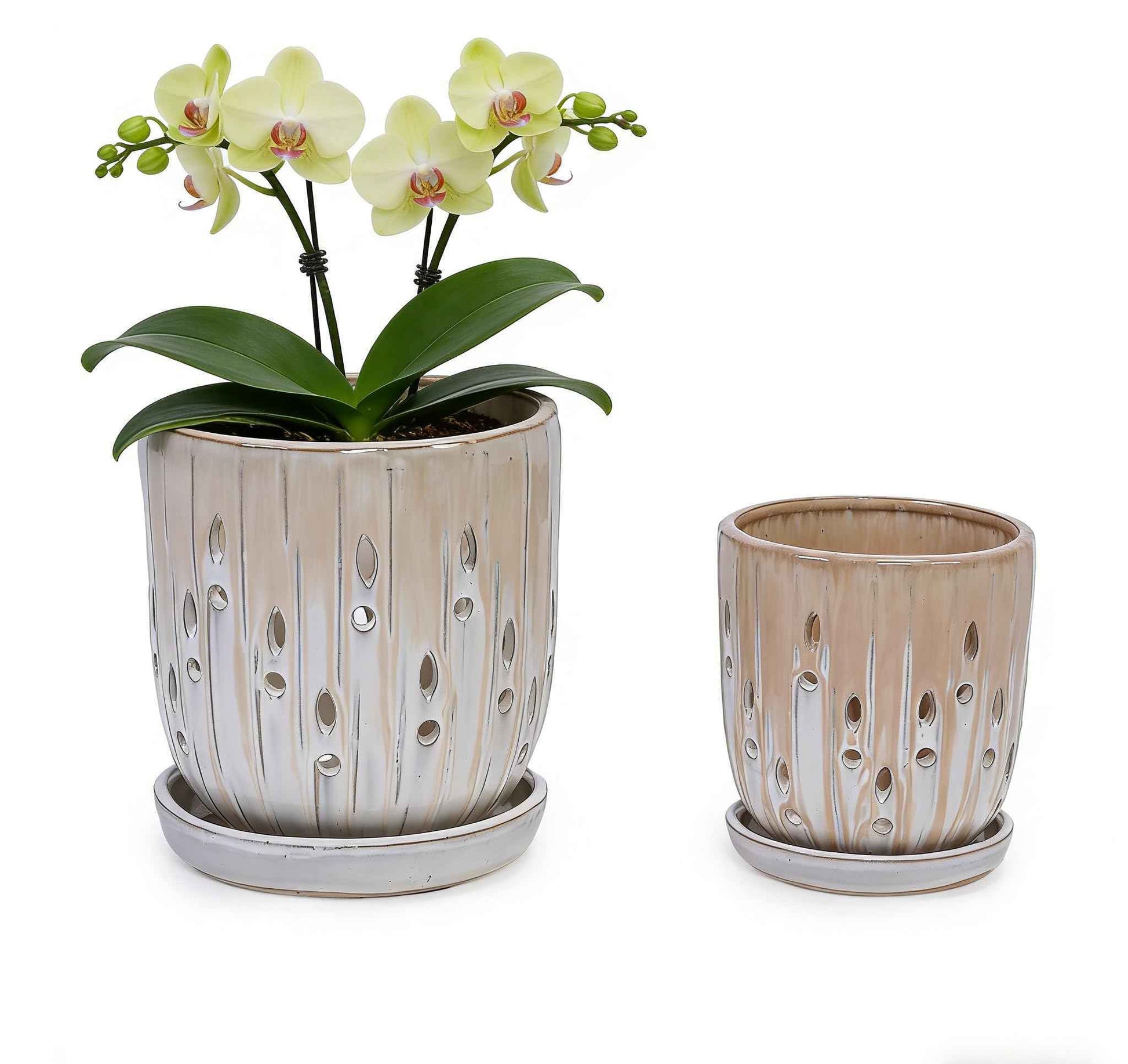 Mudanjie Set of 2 Ceramic Orchid Pots with Drainage Holes & Saucers