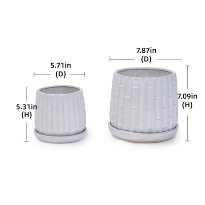 Ceramic Plant Pots, Set of 2 Flower Pots with Drainage Hole and Saucers, Bamboo Pattern Planter for Plants Orchids Succulents Indoor/Outdoor, Plant Gifts Generic