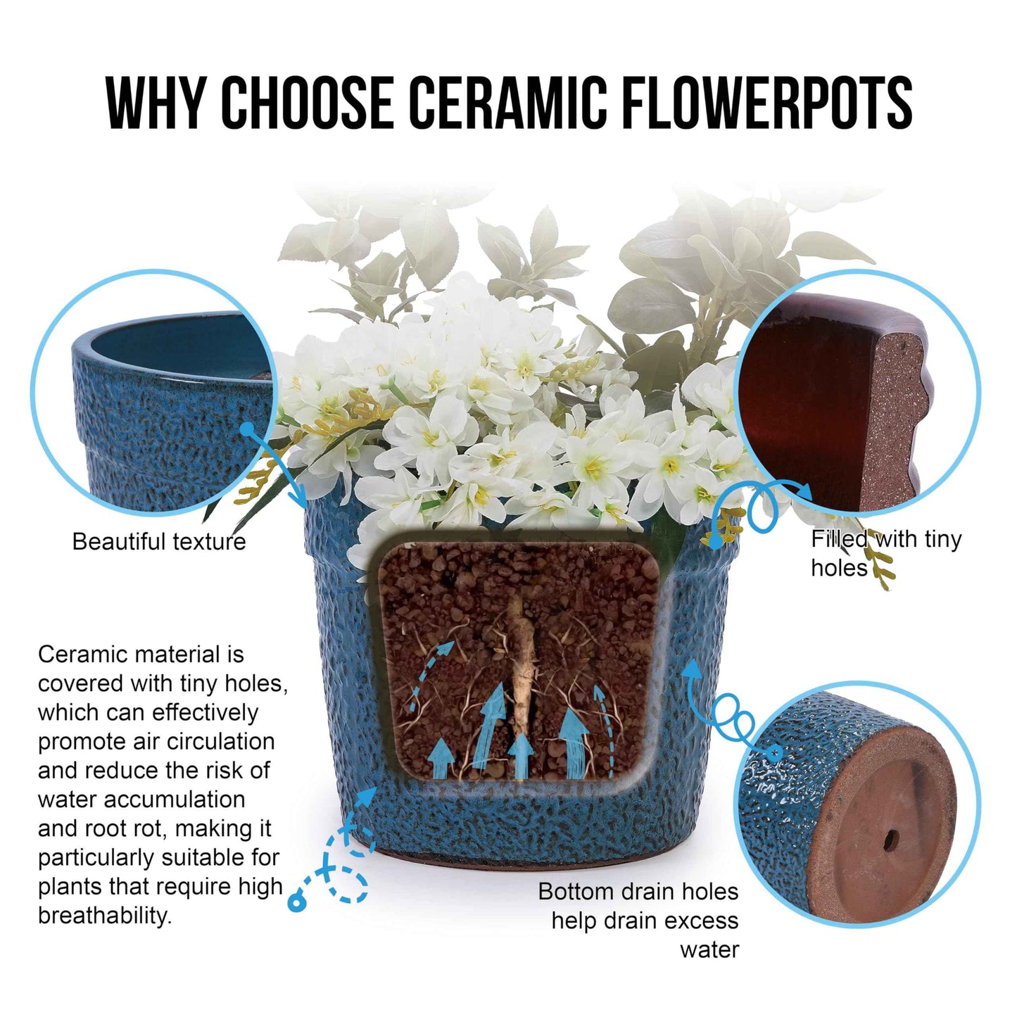 Mudanjie 3pcs 9/12/15'' Glossy Ceramic Planter with Drainage