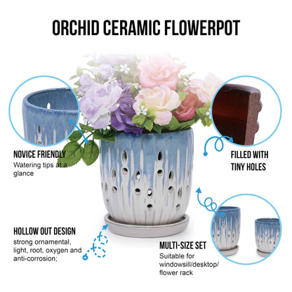Mudanjie Set of 2 Ceramic Orchid Pots with Drainage Holes & Saucers