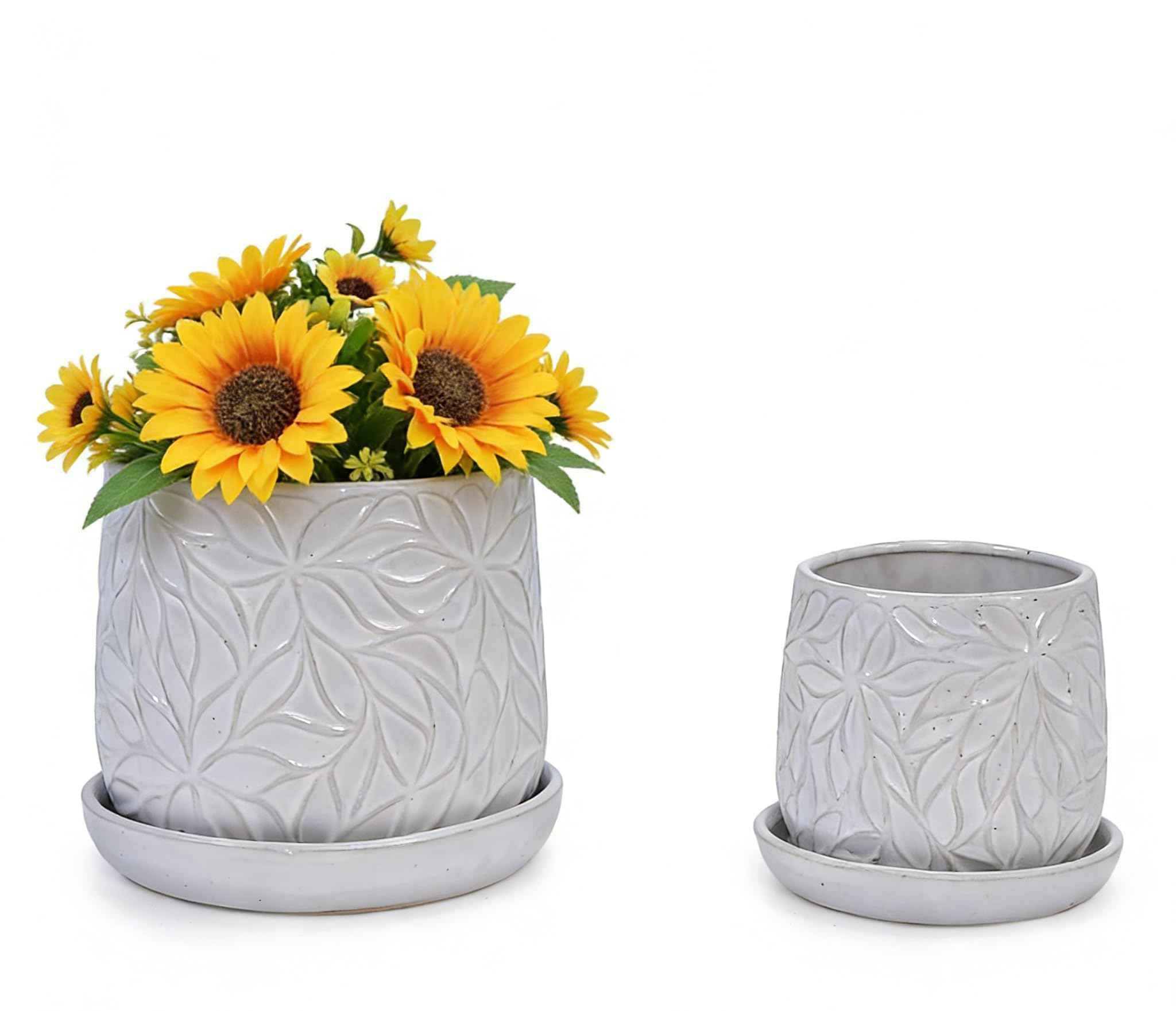 mudanjie 2pcs Flower Pattern Ceramic Pots with Drainage & Saucers