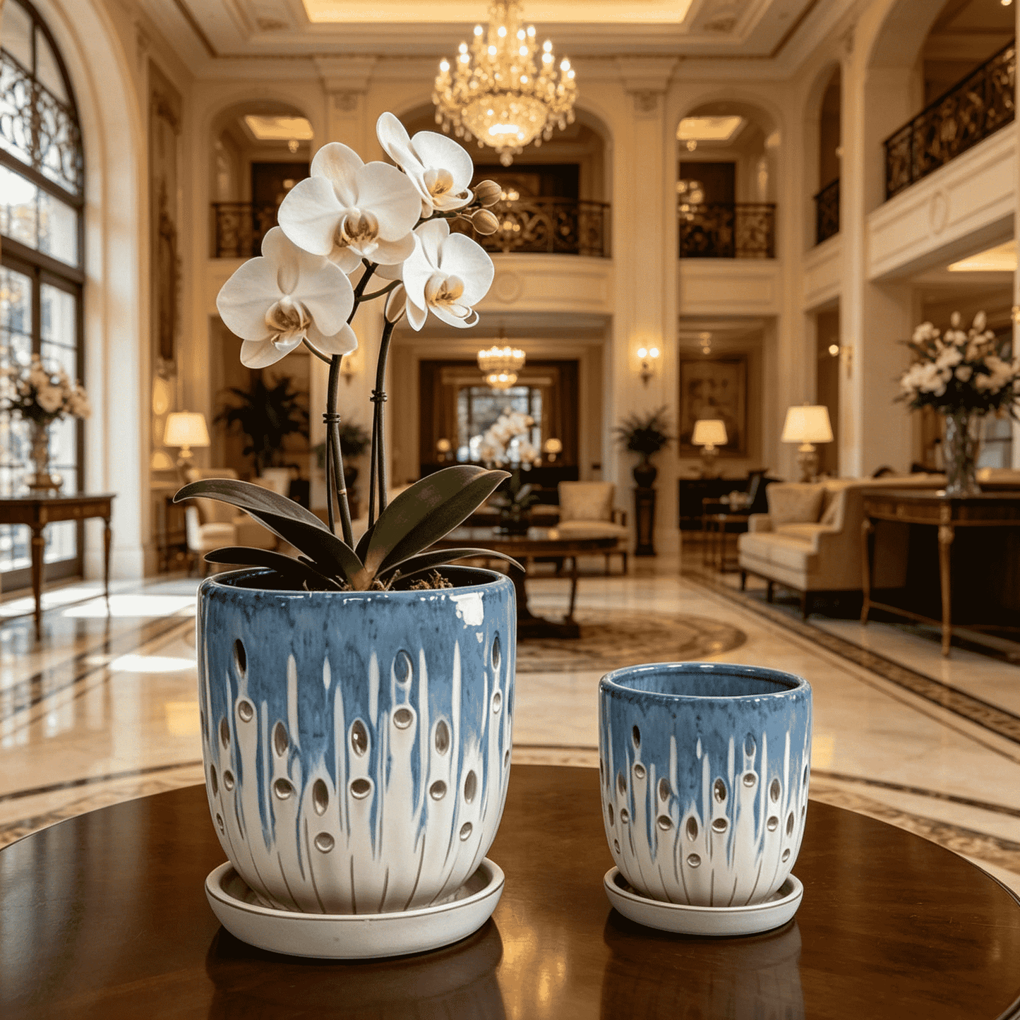 Mudanjie Set of 2 Ceramic Orchid Pots with Drainage Holes & Saucers