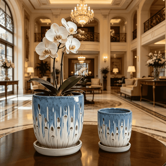 Mudanjie Set of 2 Ceramic Orchid Pots with Drainage Holes & Saucers